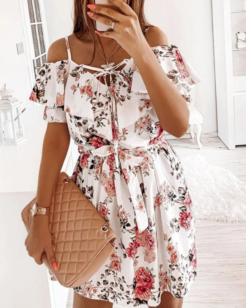 Floral Print Tie Front Ruffle Trim Belted Cold Shoulder Dress