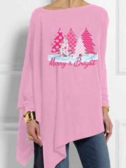 Merry And Bright Pink Christmas Tree Print Casual Top