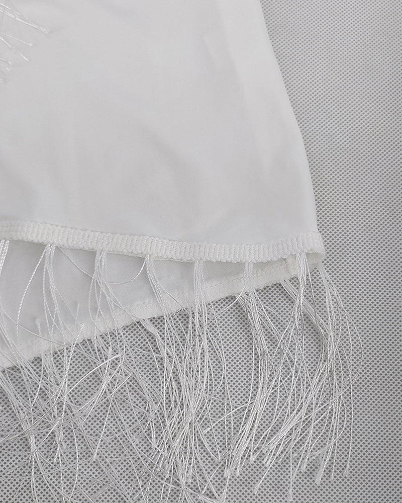 Shirred Panel Fringe Hem Strapless Dress