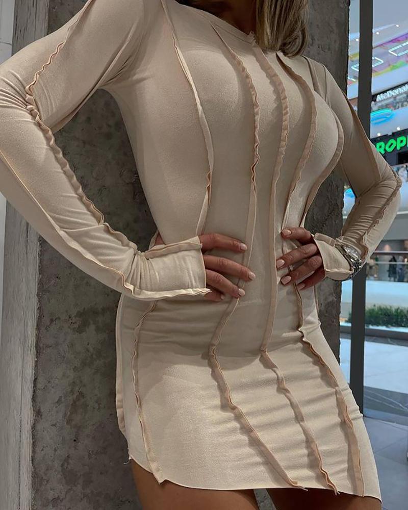 Contrast Piping Long Sleeve Asymmetrical Bodycon Dress