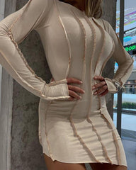 Contrast Piping Long Sleeve Asymmetrical Bodycon Dress
