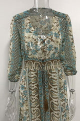 Blue Boho Style Floral Chiffon Maxi Dress