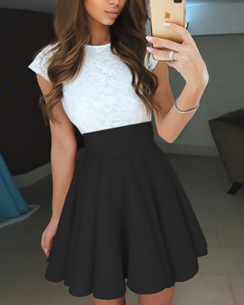 Colorblock Contrast Lace Ruffle Hem Mini Skater Dress