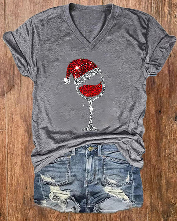 Merry Christmas Wine Glass V-Neck Top