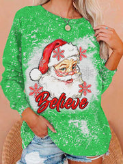 Believe Christmas Santa Claus Bleach Print Sweatshirt