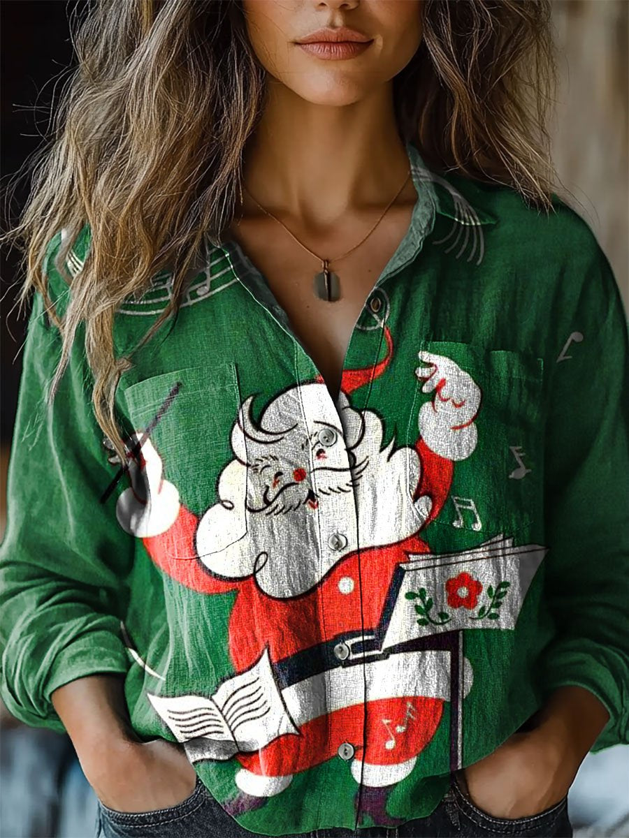 Retro Christmas Atmosphere Print Casual Long Sleeve Comfortable Cotton Shirt