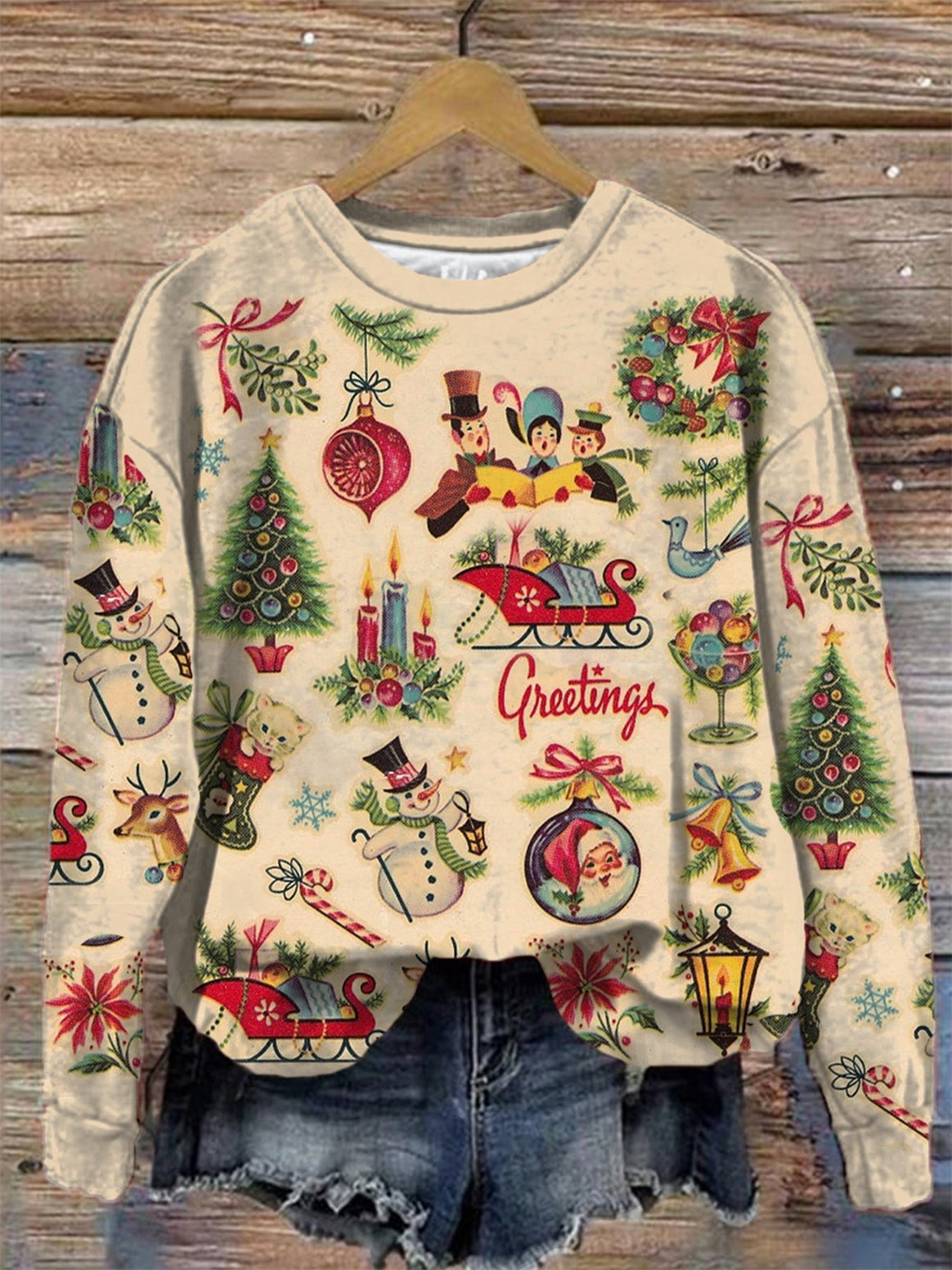 Christmas Retro Round Neck Long Sleeve Top