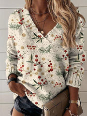 Vintage Christmas Print Knit V-neck Pullover Sweater