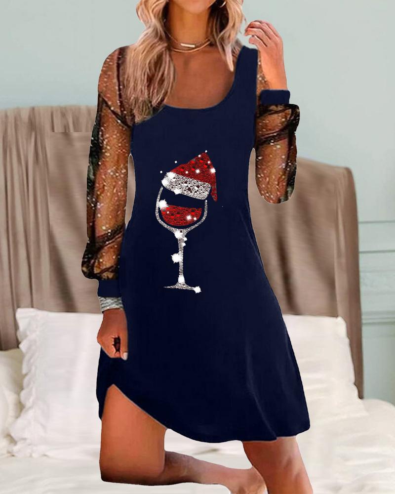 Wine Glass Print Long Sleeve Dress