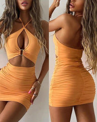 Crisscross Halter Cutout Backless Ruched Bodycon Dress