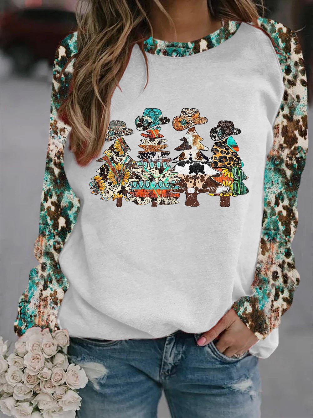 Christmas Western Ethnic Christmas Tree Print Sweatshirt