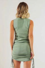 Drawstring Side Ruched Ribbed Tank Dress