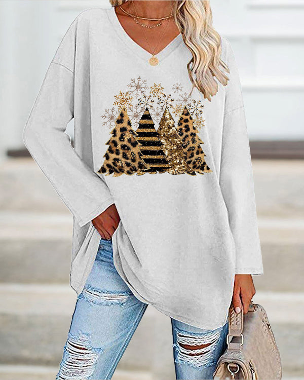 Vintage Leopard Christmas Tree Print Casual Long-Sleeve T-Shirt