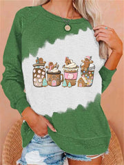 Gingerbread Christmas Coffee Printed Round Neck Long Sleeve Sweatshirt