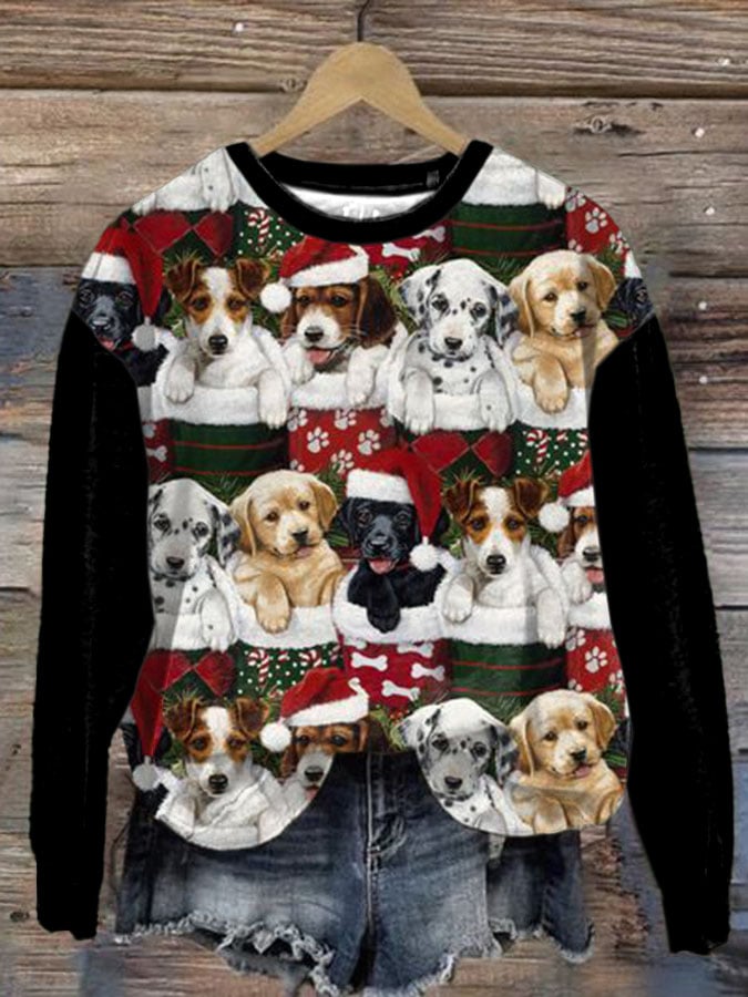 Casual Christmas Dog Print Long Sleeve Sweatshirt