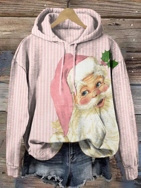 Vintage Pink Striped Santa Hooded Casual Sweatshirt