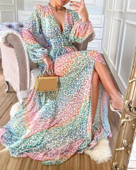 Puff Lantern Sleeve High Slit Colorblock Cheetah Print Dress