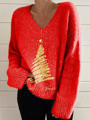 Merry Christmas Art Print Casual V-neck Pullover Knit