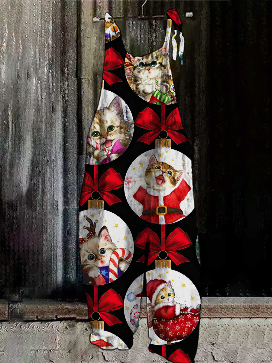 Christmas cat print casual jumpsuit