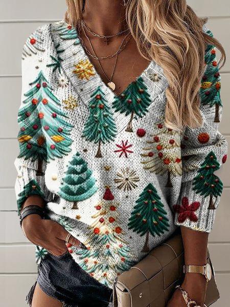 Christmas Tree Art Print Knit V-neck Pullover Sweater