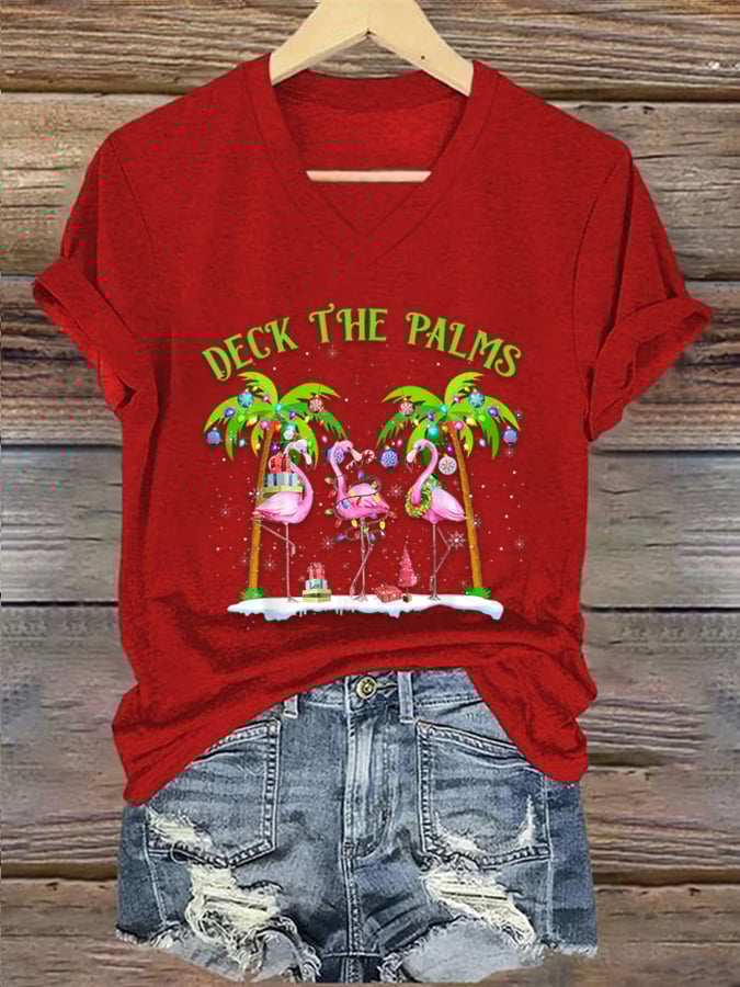 Deck The Palms Flamingo Tropical Christmas Lights Palm Tree Print T-Shirt