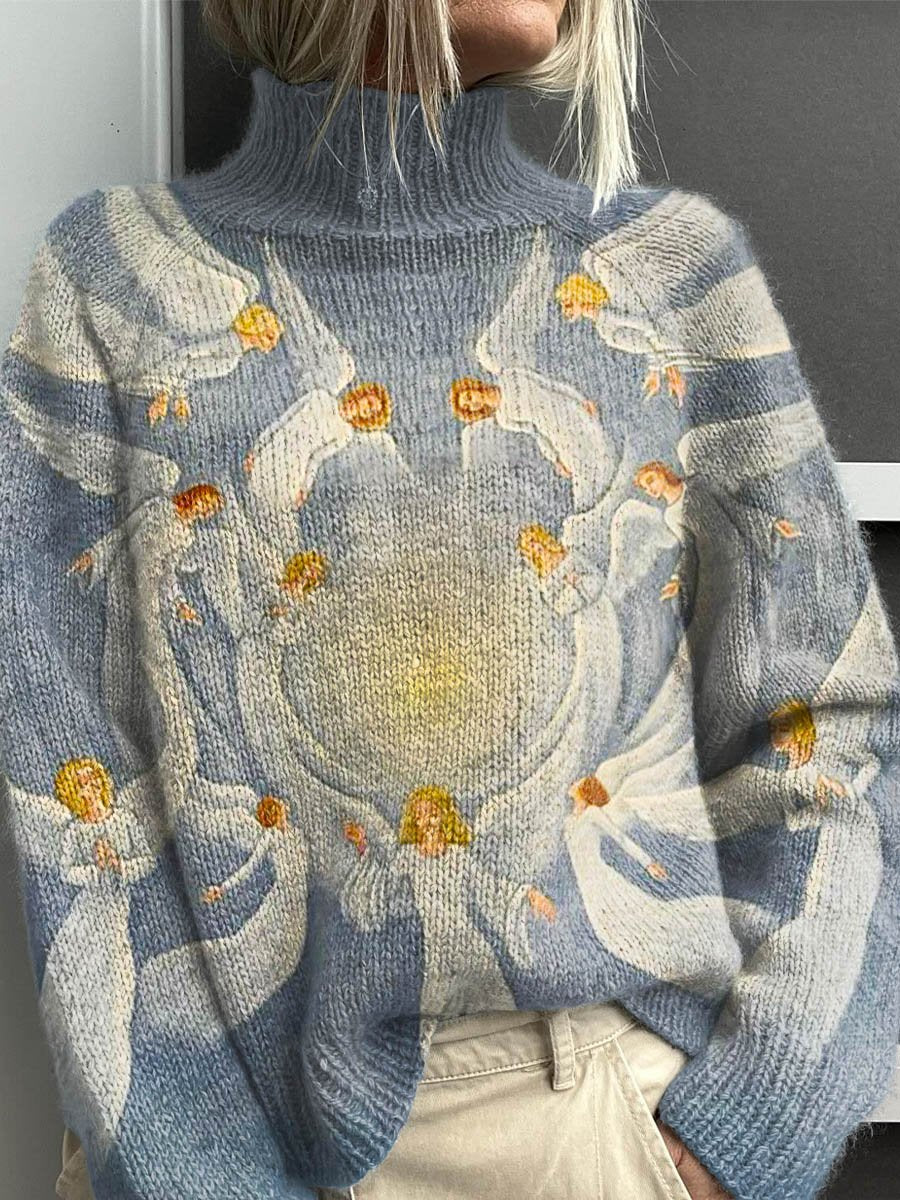 Lovely Christmas Angel Art Print Knit Turtleneck Pullover Sweater