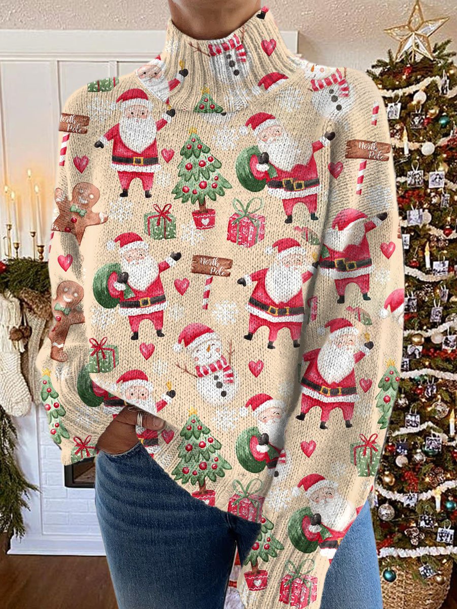 Retro Christmas  Print Knit Turtleneck Pullover Sweater