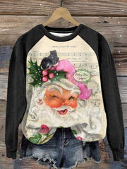 Pink Santa Christmas Music Roses Print Crew Neck Sweatshirt