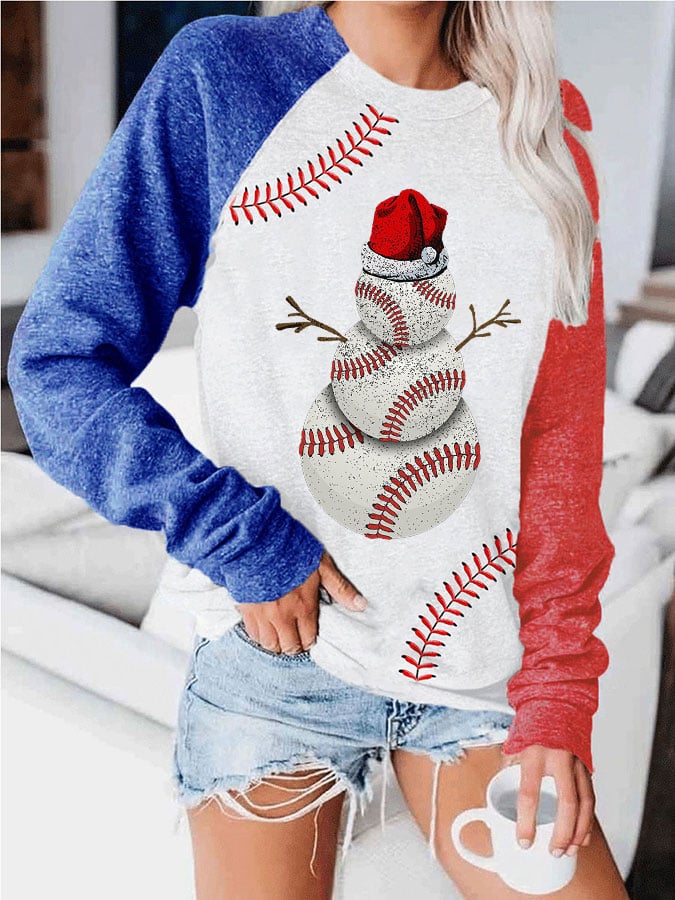 Christmas Baseball Snowman Print Casual Sweatshirt