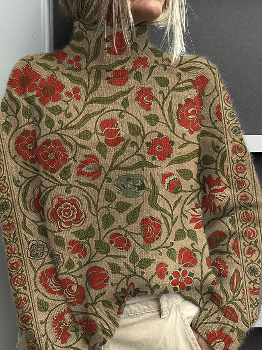 Vintage Floral Print Knit Turtleneck Pullover Sweater