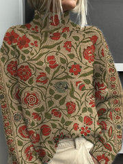 Vintage Floral Print Knit Turtleneck Pullover Sweater