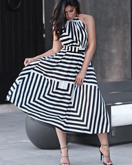 Contrast Color Halter Geo Print Casual Maxi Dress