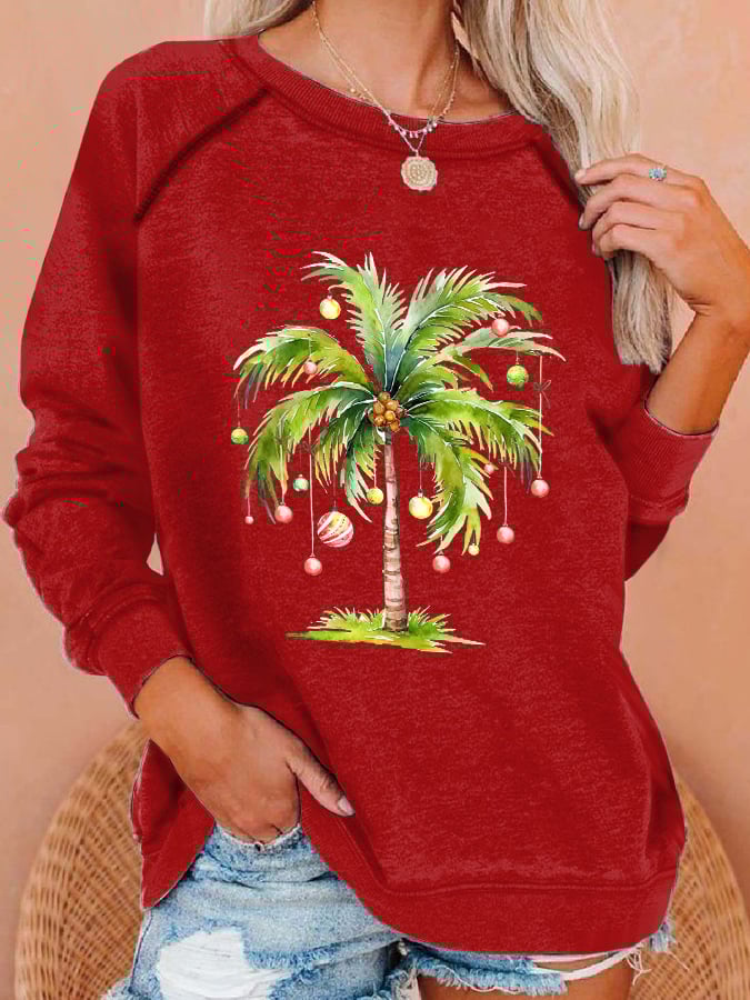 Casual Christmas Palm Tree Printed Long Sleeve Sweatshirt