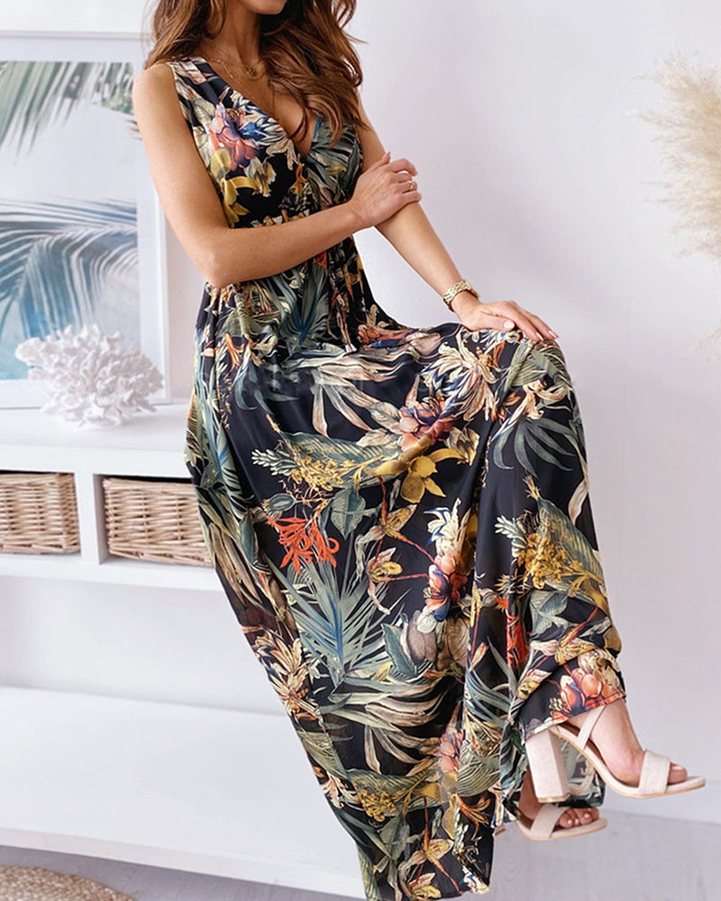 Floral Print V-Cut Back Tie Waist Maxi Dress