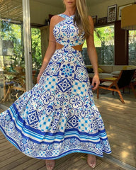 Halter Moroccan Print Cutout Maxi Dress
