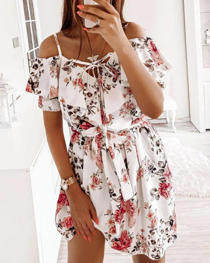 Floral Print Tie Front Ruffle Trim Belted Cold Shoulder Dress