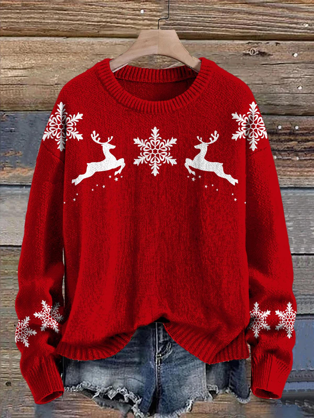 Christmas Snowflake Reindeer V-neck Casual Sweater