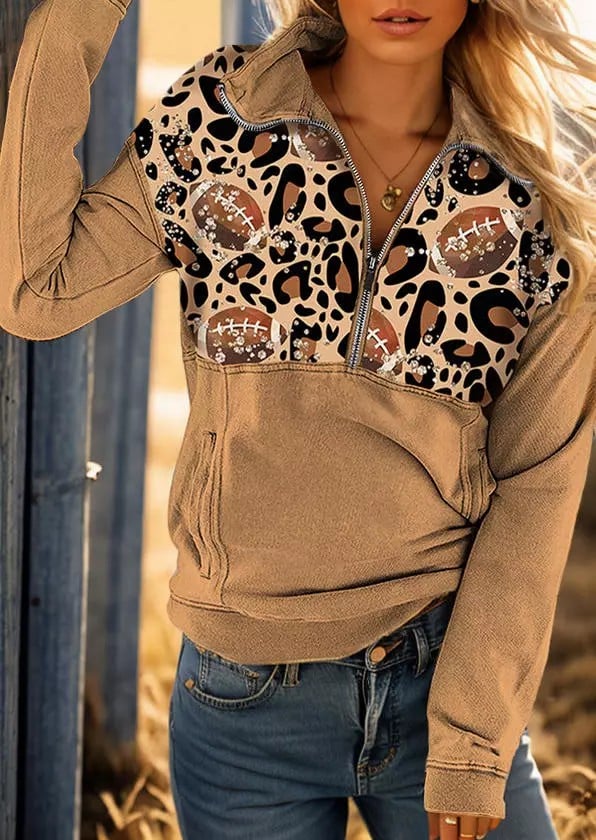 Leopard Soccer Glitter Zipper Pocket Turn-Down Collar Sweatshirt