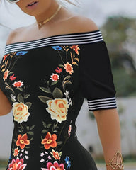 Off Shoulder Floral Print Striped Dress