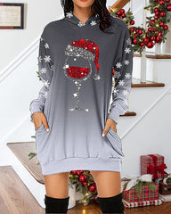 Christmas Wine Glass Snowflake Gradient Long Sleeve Over Knee Casual Sweatshirt / Tunic Dress