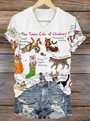 The Twelve Cats Of Christmas Print Casual T-Shirt