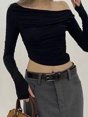Solid Off Shoulder Asymmetric Design Long Sleeve Tee