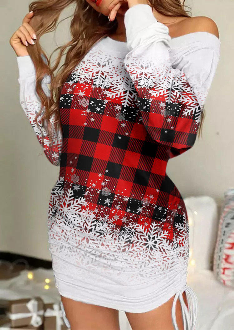 Christmas Snowflake Plaid Gradient Drawstring Bodycon Dress - White