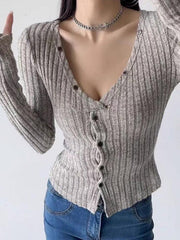 Solid Ribbed V Neck Twist Front Long Sleeve Knit
