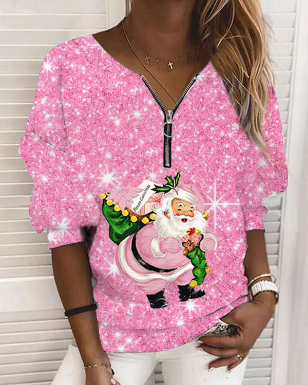 Christmas Pink Santa Claus Zip-Up Top