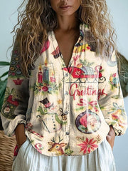 Vintage Christmas Art Print Casual Long Sleeve Comfortable Cotton Shirt