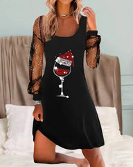 Wine Glass Print Long Sleeve Dress