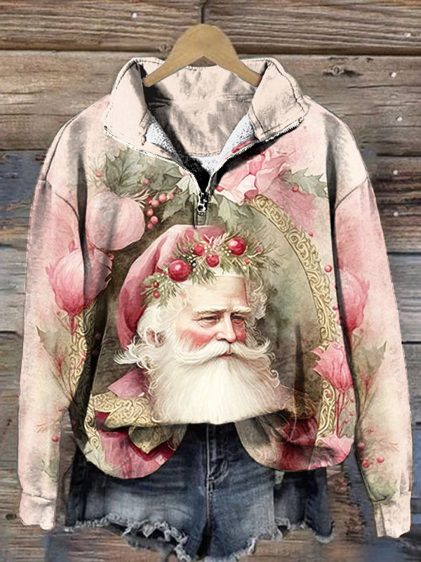 Vintage Pink Christmas Santa Print Zip Lapel Sweatshirt