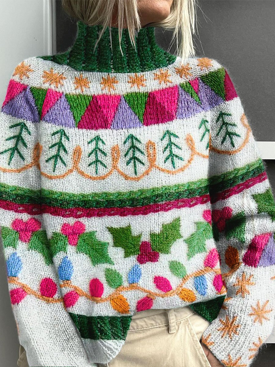 Vintage ChristmasTree Print Knit Turtleneck Pullover Sweater