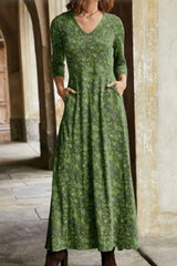 Casual Print Patchwork V Neck A Line Dresses(4 Colors)